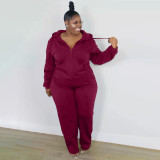 SC Plus Size Solid Hooded Zipper Two Piece Pants Set XMF-089