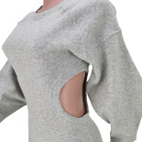 SC Solid Long Sleeve O Neck Hollow Out Sweatshirt Dress GZYF-8062