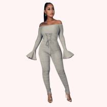 SC Sexy Off Shoulder Flare Sleeve Bandage Ruched Jumpsuit YYF-6629