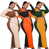 SC Plus Size Contrast Color Long Sleeve Maxi Skirt 2 Piece Sets OSIF-21418