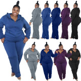 SC Plus Size Solid Hooded Zipper Two Piece Pants Set XMF-089
