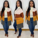 SC Contrast Color Knitted Midi Length Sweater Cardigan FSXF-F334