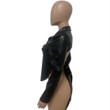 SC PU Leather Backless Tie-Knot Long Sleeve Top LSD-81096
