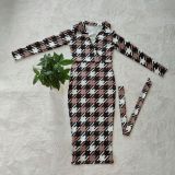 SC Houndstooth Print Long Sleeve Sashes Midi Dress CY-6576