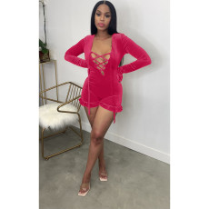 SC Velvet Sexy Hooded Lace Up Long Sleeve Romper MDF-5262
