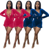SC Velvet Sexy Hooded Lace Up Long Sleeve Romper MDF-5262