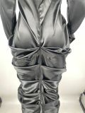 SC Black Sexy Long Sleeve Ruched Midi Shirt Dress JCF-7069