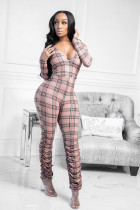 SC Plaid V Neck Long Sleeve Stacked Jumpsuit YYF-6630