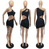 SC Sexy Solid One Shoulder Drawstring Hollow Mini Dress WSM-5294