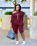 SC Plus Size Letter Long Sleeve Half Length Pants 2 Piece Sets YFS-10049