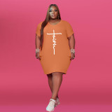 SC Plus Size Letter Print Short Sleeve T Shirt Dress WAF-71491