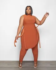 SC Plus Size Solid Sleeveless Split Top Stacked Pants 2 Piece Sets QY-5267