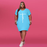 SC Plus Size Letter Print Short Sleeve T Shirt Dress WAF-71491