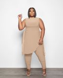 SC Plus Size Solid Sleeveless Split Top Stacked Pants 2 Piece Sets QY-5267