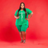 SC Plus Size Letter Print V Neck T Shirt And Shorts 2 Piece Sets WAF-71431