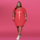 SC Plus Size Letter Print Short Sleeve T Shirt Dress WAF-71491