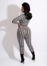 SC Houndstooth Print Long Sleeve Zipper Jumpsuit (Without Chain)SFY-2157