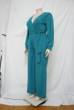 SC Plus Size Solid V Neck Long Sleeve Sashes Jumpsuit NNWF-7325