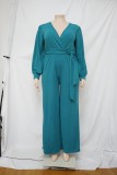 SC Plus Size Solid V Neck Long Sleeve Sashes Jumpsuit NNWF-7325