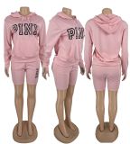SC Pink Letter Print Hoodie Top And Shorts 2 Piece Sets MX-9128