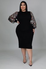 SC Plus Size Sequin Sleeve Patchwork Midi Dress OSM2-5297