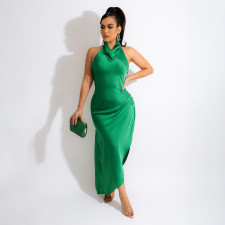 SC Solid Halter Backless Split Long Dress CJF-3055