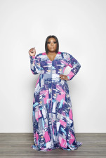 SC Plus Size Sexy Printed V Neck Long Sleeve Maxi Dress BMF-093