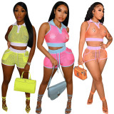 SC Sexy Sleeveless Hollow Out 2 Piece Shorts Set YD-8564