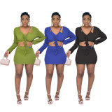 SC Sexy Drawstring Long Sleeve Top+Camisole+Mini Skirt 3 Piece Sets YM-9310