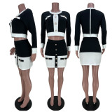 SC Sexy Patchwork Long Sleeve Mini Skirt 2 Piece Sets MDF-5284