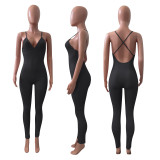 SC Sexy Solid V Neck Backless Cross Strap Tight Jumpsuit NIK-270