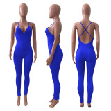 SC Sexy Solid V Neck Backless Cross Strap Tight Jumpsuit NIK-270