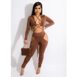 SC Sexy Long Sleeve Bandage Top+Hollow Out Pants Set BN-9317