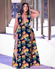 SC Plus Size Floral Print Sleeveless High Split Maxi Dress WAF-77412