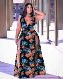 SC Plus Size Floral Print Sleeveless High Split Maxi Dress WAF-77412