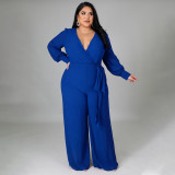 SC Plus Size Solid V Neck Long Sleeve Sashes Jumpsuit NNWF-7325