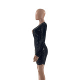 SC Black Sequin Deep V Neck Long Sleeve Mini Dress YN-88838