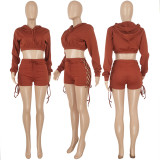 SC Solid Hooded Drawstring Lace Up 2 Piece Shorts Set FENF-210