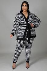 SC Plus Size Houndstooth Print Sashes Coat And Pants Set HNIF-092