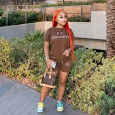 SC Letter Print T Shirt And Shorts Two Piece Sets MXDF-6075
