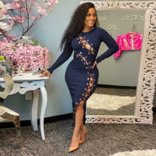 SC Plus Size Ribbed Hollow Out Bandage Midi Dress OSIF-21432