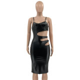 SC Plus Size PU Leather Hollow Out Split Bodycon Dress OSIF-21481
