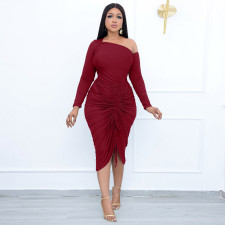 Sexy Solid Long Sleeve Ruched Midi Dress LSL-0003