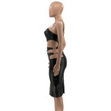 SC Plus Size PU Leather Hollow Out Split Bodycon Dress OSIF-21481