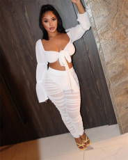 SC White Sexy Flare Sleeve Crop Top+Mesh Stacked Pants Set GEYF-68549