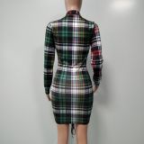 SC Plaid Deep V Neck Drawstring Long Sleeve Mini Dress XMY-9349