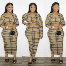 SC Plaid V Neck Crop Top Long Skirt 2 Piece Sets NY-2295