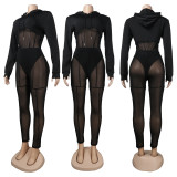 SC Black Mesh Hooded Long Sleeve Bodysuit+Pants 2 Piece Sets NY-2307