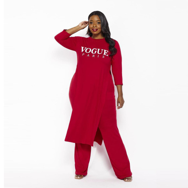 SC Plus Size Letter Print Split Long Top And Pants Sets NY-2313
