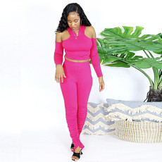 SC Sexy Hooded Backless Off Shoulder Top And Stacked Pants Set NY-2302